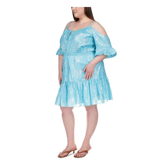 NWT MICHAEL MICHAEL KORS Womens Turquoise Waist Tie Lined Split Dress Plus 1X - Picture 3 of 5